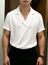 Men's Avant-Garde Draped Wrap Front Cuban Collar Shirt SKUL63693