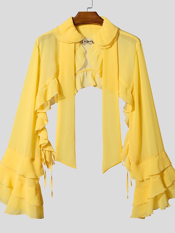 Men's Solid Color Ruffle Patchwork Cropped Cardigan SKUL43709