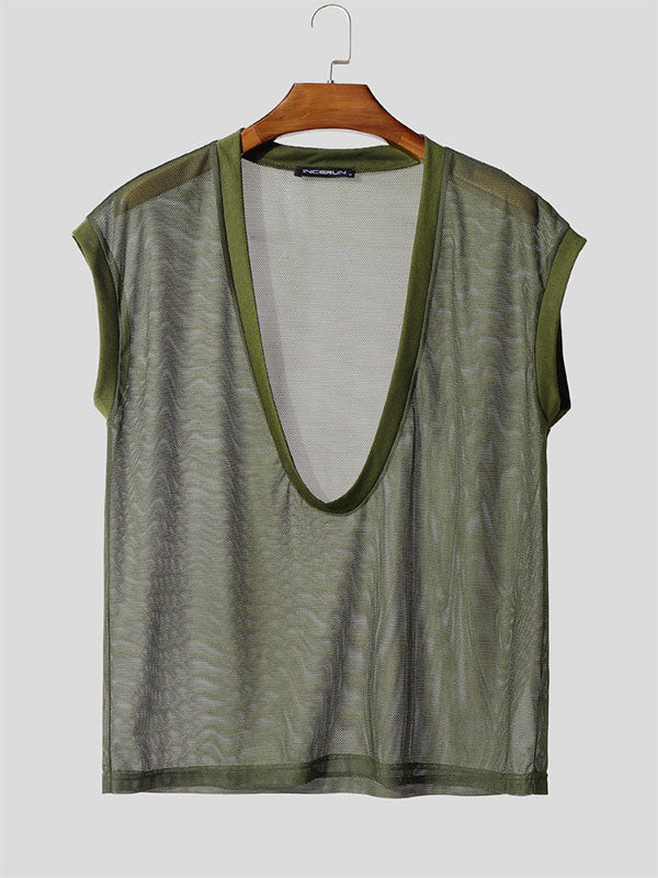 Mens Slightly Sheer Mesh Deep U-Neck Casual Tank SKUL16671