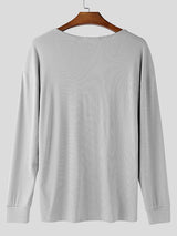 Men's Solid Color Textured Deep U Neck Long Sleeve T-shirt SKUL46286