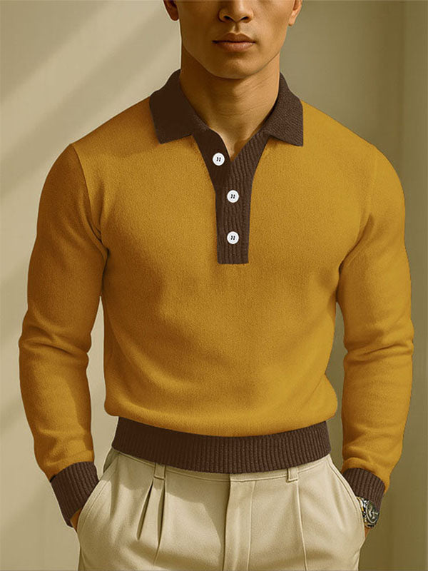 Men's Colorblock Knit Lapel Long Sleeve Shirt SKUL28117