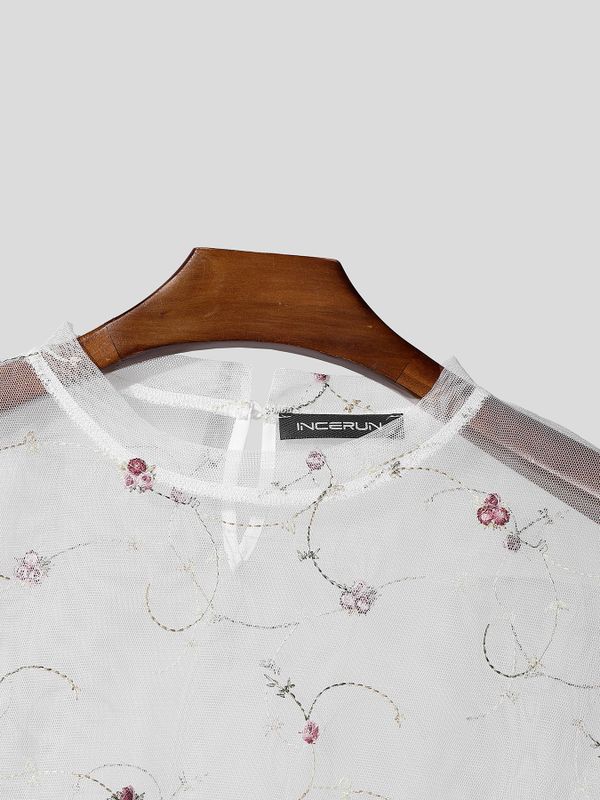 Men's Avant-Garde Sheer Floral Embroidered Mesh Shirt SKUL59802