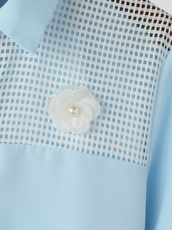Men's High Street Yuppie Mesh Spliced 3D Flower Turn Down Collar Short Sleeve Shirt SKUL75671