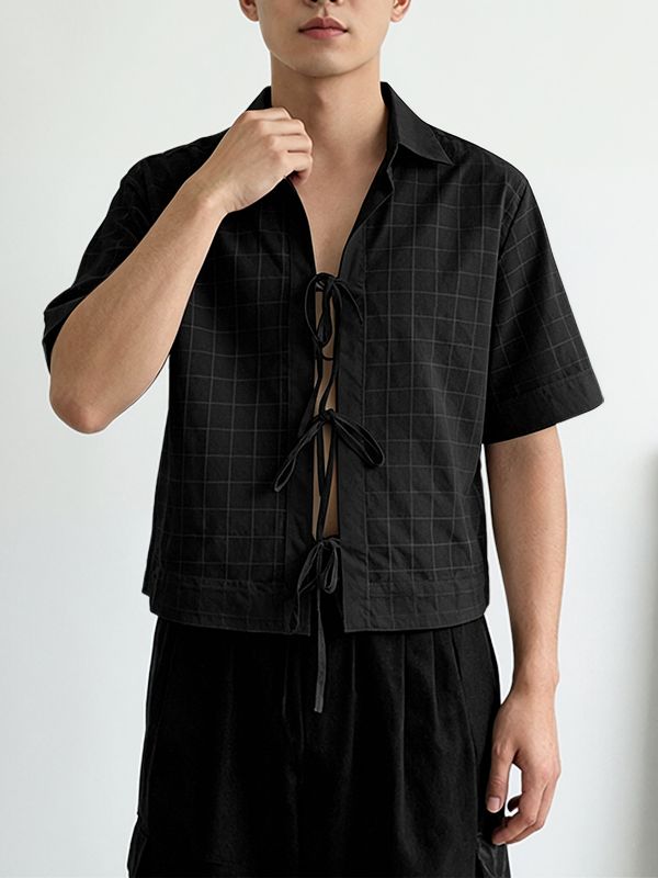 Men's Avant-Garde Lace-Up Front Cropped Windowpane Grid Short Sleeve Shirt SKUL63062
