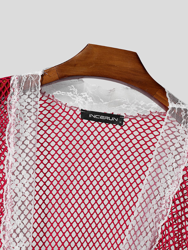 Men's Sheer Mesh Lace Patchwork Bodysuit SKUL22255