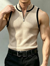 Men's Clean Fit Urban Casual Quarter Zip Vertical Rib Texture Sleeveless Mock Neck Tank SKUL81842