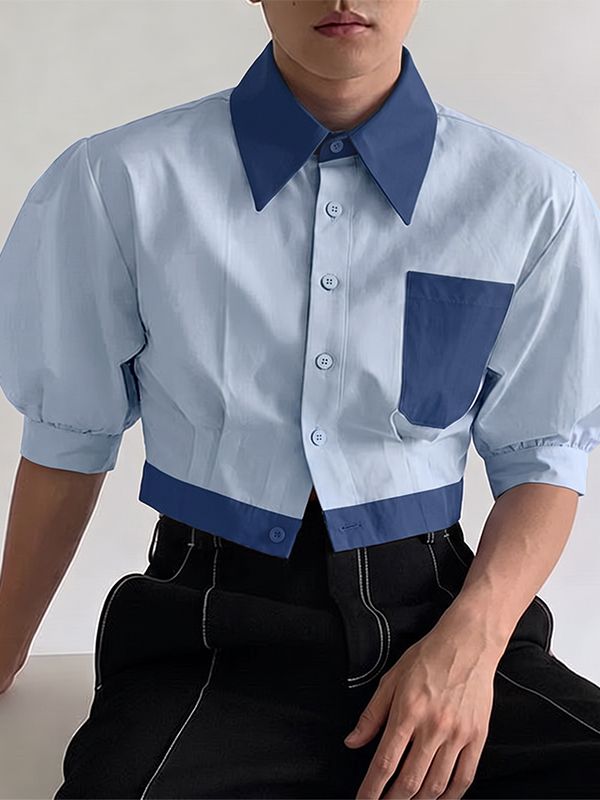 Men's High Street Party Color Block Cropped Puff Short Sleeve Shirt SKUL75730