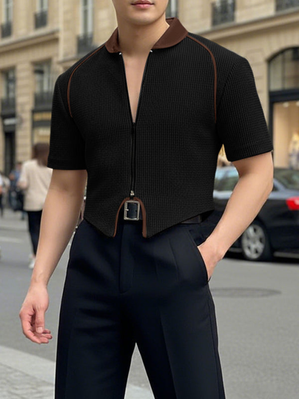 Men's Textured Patchwork Short Sleeve Zipper Cardigan SKUL47599