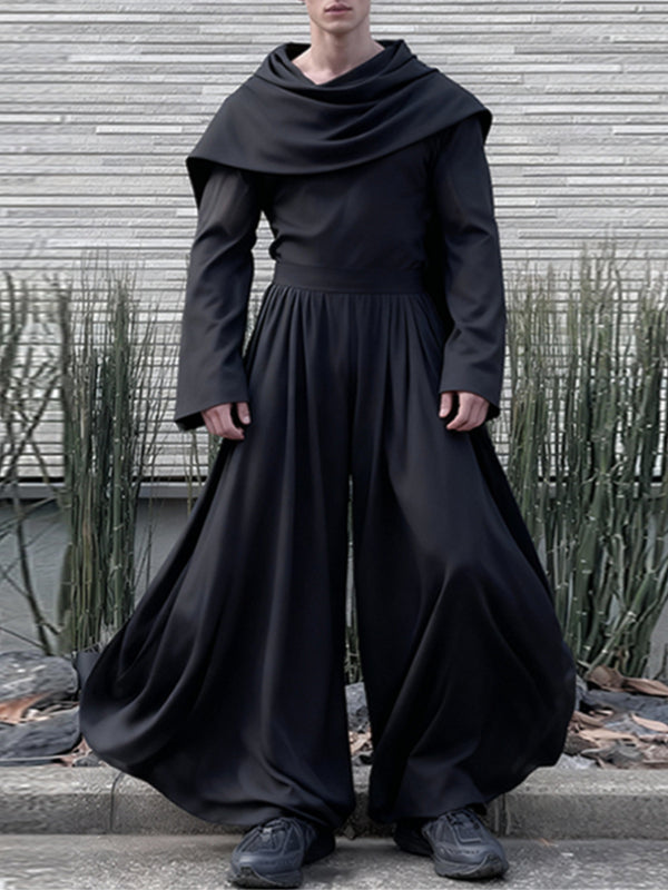 Men's Solid Color Loose Draped Neck Two Pieces Outfit SKUL50774