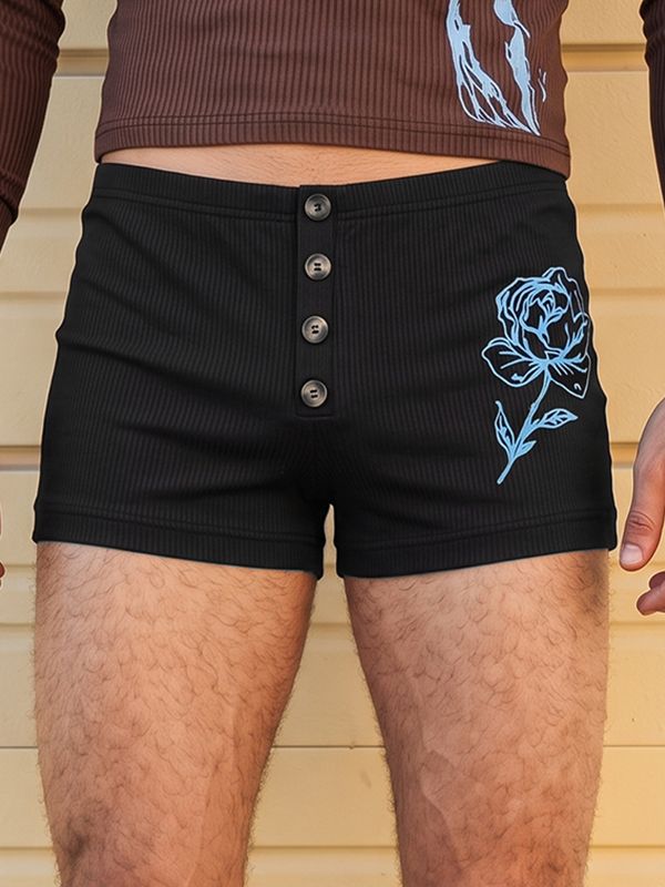 Men's Y2K Gender-Fluid Ribbed Knit Button-Fly Rose Graphic Booty Short SKUL78013