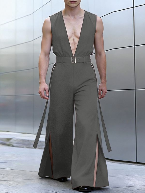 Men's Solid Color Deep V Neck Slit Jumpsuit SKUL55619