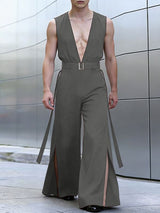 Men's Solid Color Deep V Neck Slit Jumpsuit SKUL55619