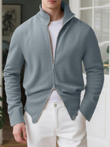 Men's Solid Color Textured Double Zipper Long Sleeve Cardigan SKUL25965