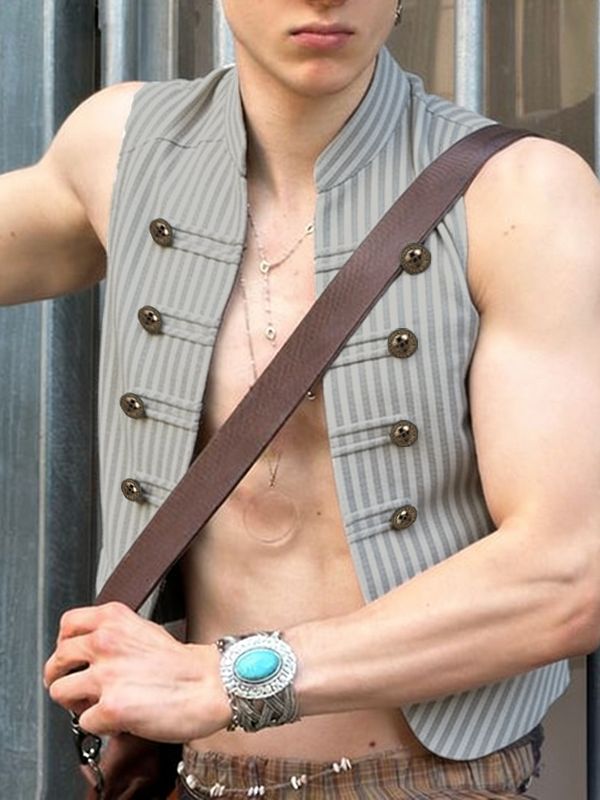 Men's Military Pinstripe Mandarin Collar Double-Breasted Waistcoat SKUL57694