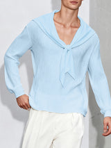 Men's Solid Color Textured Navy Collar Long Sleeve T-shirt SKUL51995