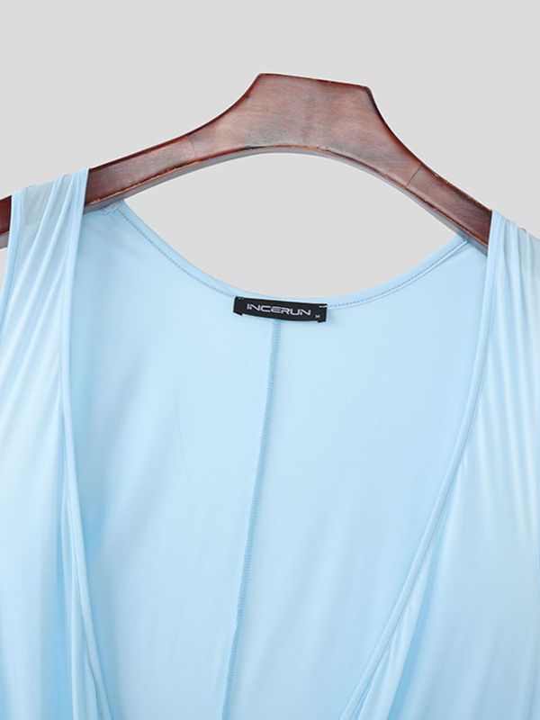 Men's Solid Color Knit Draped Neck Boxer Bodysuit SKUL57719