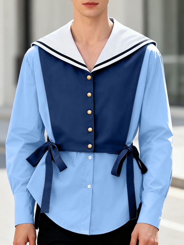 Men's Contrast Color Sailor Collar Long Sleeve Shirt SKUL46106