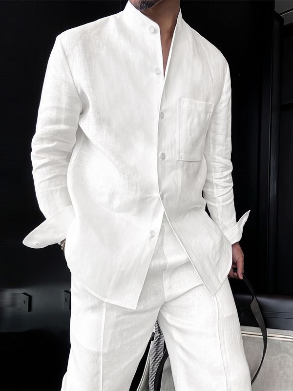Men's Old Money Resort Mandarin Collar Long Sleeve Shirt SKUL77320