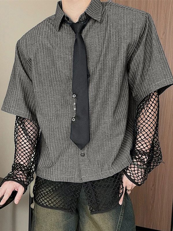 Men's Vertical Pinstripe Mesh Patchwork Layered Design Fishnet Sleeve Shirt SKUL54010