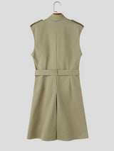 Men's Avant-Garde Retro Military Epaulet Double Breasted Knee Length Sleeveless Mandarin Collar Waistcoat SKUL81731