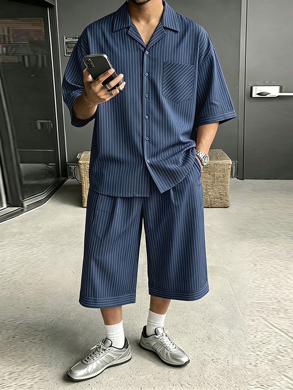 Men's Vintage Casual Stripe Pinstripe Camp Collar Two Pieces Outfit SKUL70401