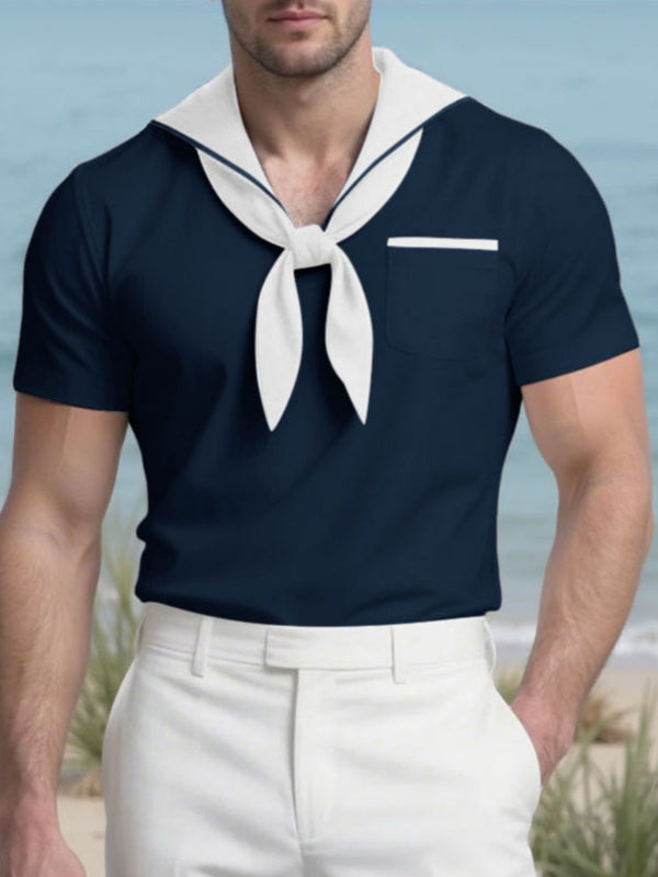 Men's Colorblock Sailor Collar Short Sleeve T-Shirt SKUL27341