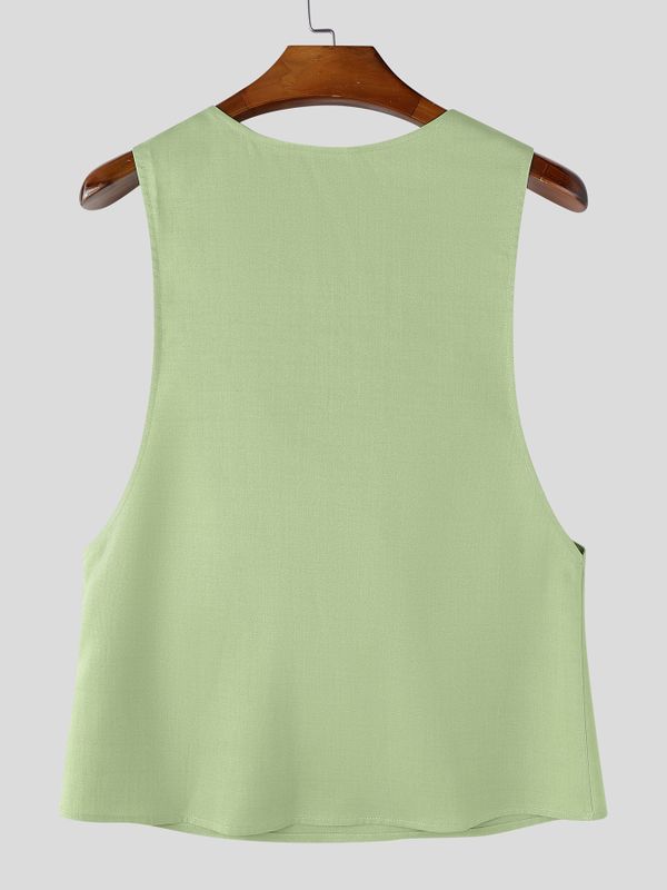 Men's Avant-Garde High Street Deep Cowl Neck Gold Metal Bead Sleeveless Tank SKUL72423