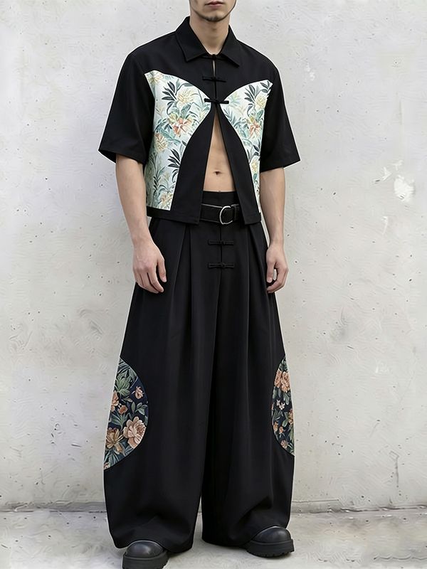 Men's Avant-Garde New Chinese Style Floral Patchwork Frog Button Deconstructed Two Pieces Outfit SKUL62042