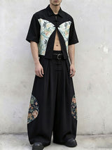 Men's Avant-Garde New Chinese Style Floral Patchwork Frog Button Deconstructed Two Pieces Outfit SKUL62042