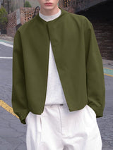 Men's Korean Minimalist Collarless Hidden Placket Boxy Cropped Long Sleeve Shirt SKUL76488