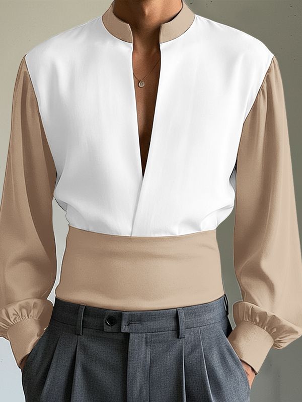 Men's Color Block Stand Collar Long Sleeve Shirt SKUL43992
