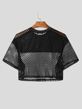 Mens Faux Leather Patchwork Cropped Short Sleeve T-Shirt SKUL01366