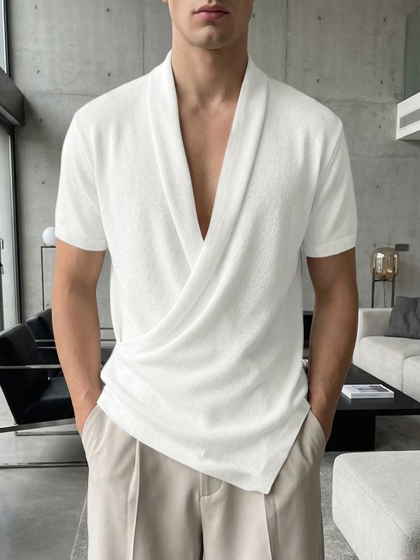 Men's Avant-Garde Shawl Collar Wrap Asymmetrical Slanted Hem Shirt SKUL62050