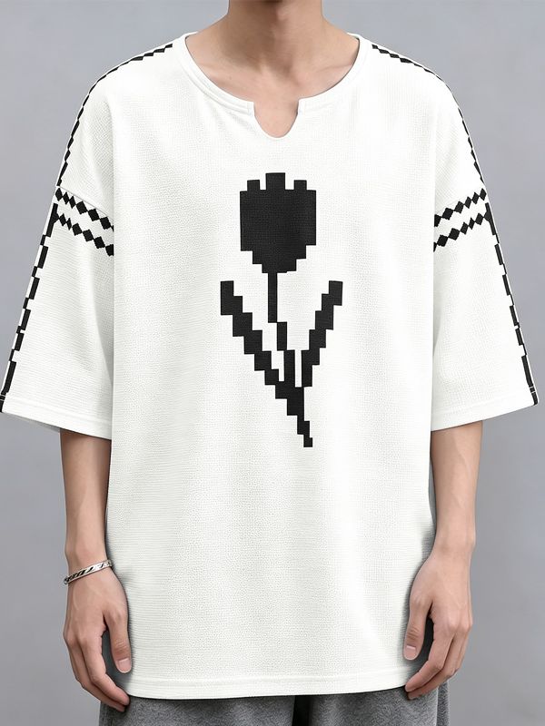 Men's High Street Retro Pixel Art Tulip Graphic Notch Neck Relaxed Knit T-shirt SKUL62117