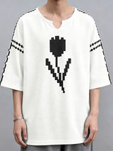 Men's High Street Retro Pixel Art Tulip Graphic Notch Neck Relaxed Knit T-shirt SKUL62117