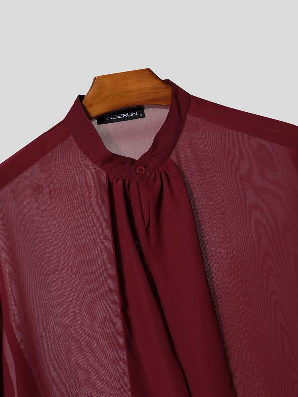 Men's Gothic Victorian Sheer Chiffon Tie Neck Lantern Sleeve Loose Shirt SKUL76758