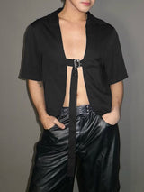 Men's Single Buckle Strap Open-Front Cropped Shirt SKUL57073