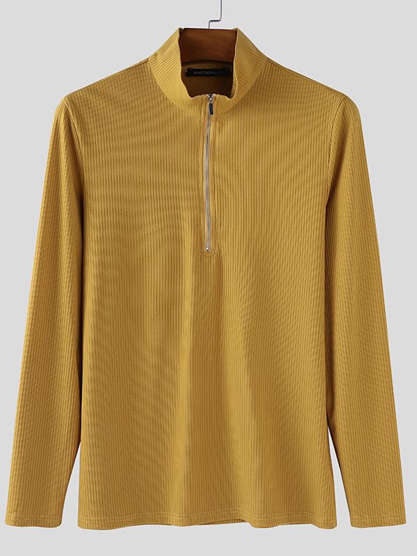 Men's Knitted Texture Half Zip Long Sleeve T Shirt SKUL35084