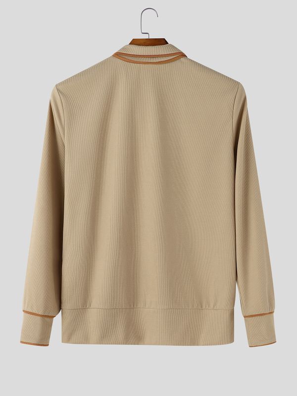 Men's Early Autumn Retro Contrast Trim Ribbon Neck Long Sleeve High Neck Pullover SKUL81061
