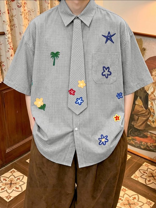 Men's Japanese Harajuku Style Playful Floral Print Plaid Shirt SKUL70205