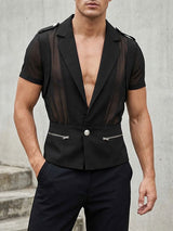 Men's Avant-Garde Mesh Patchwork Epaulet Zipper Short Sleeve Blazer SKUL63851