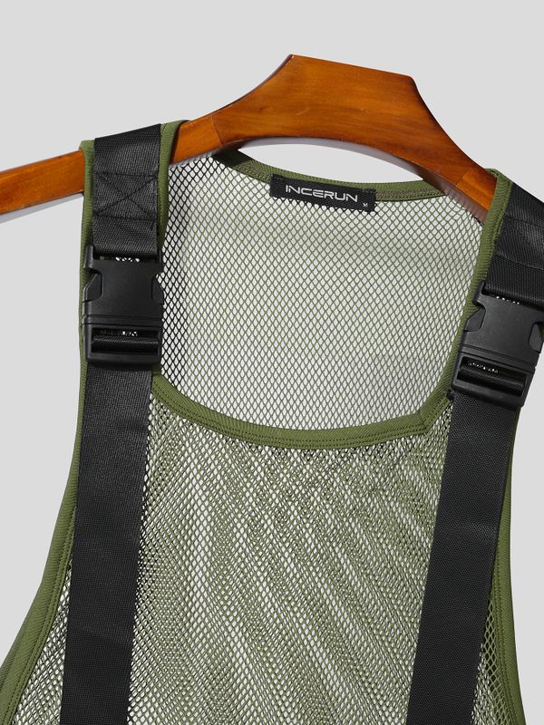 Men's Avant-Garde Tactical Buckle Harness Sheer Mesh Sideless Tank SKUL63046