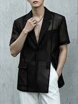 Men's Avant-Garde Sheer Organza Mesh Notch Lapel Asymmetric Split Short Sleeve Blazer SKUL58779