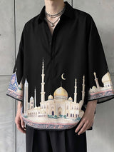 Men's Vintage Avant-Garde Castle Architecture & Crescent Moon Print Short Sleeve Shirt SKUL61998