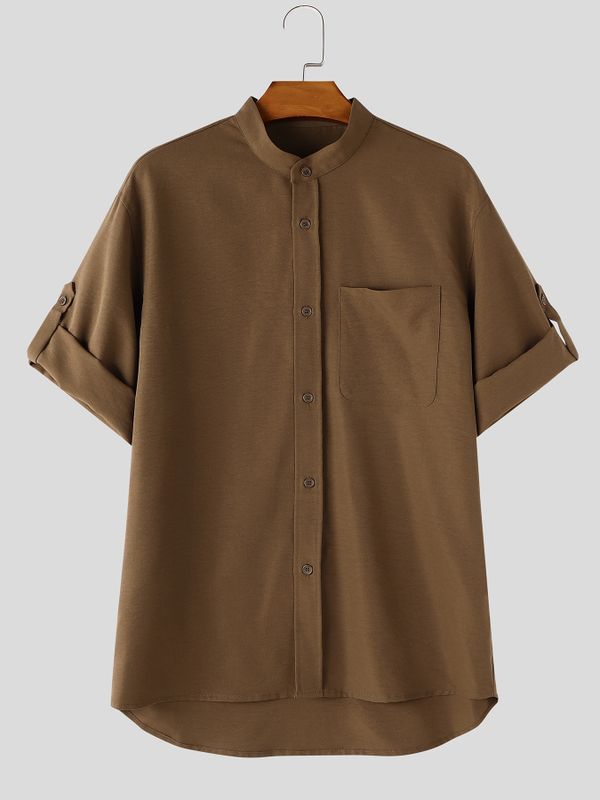 Men's Vintage Japanese Style Relaxed Stand Collar Shirt SKUL75418