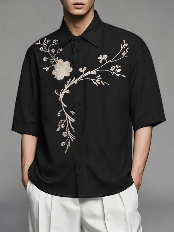 Men's Botanical Floral Embroidery Half Sleeve Shirt SKUL45338