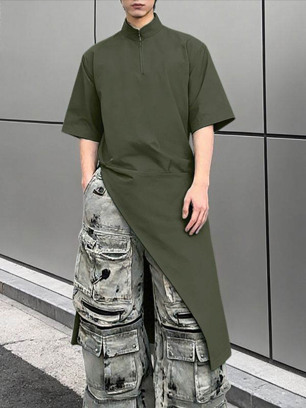 Men's Solid Color Asymmetric Longline Half Zip Short Sleeve Shirt SKUL56315