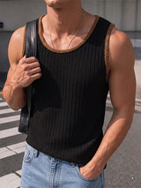 Men's Y2K Artisanal Contrast Braided Trim Ribbed Muscle Tank SKUL79719