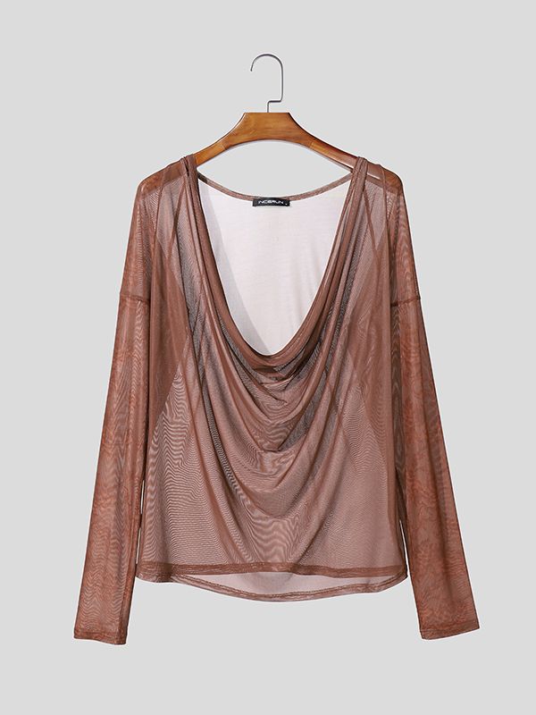 Men's Avant-Garde Draped Cowl Neck Floral Lace Sleeve Mesh T-shirt SKUL52648