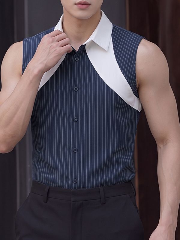 Men's High-End Urban Casual Contrast Panel Pinstripe Sleeveless Button-Up Shirt SKUL78279